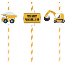 Pailles anniversaire engins de chantier en carton